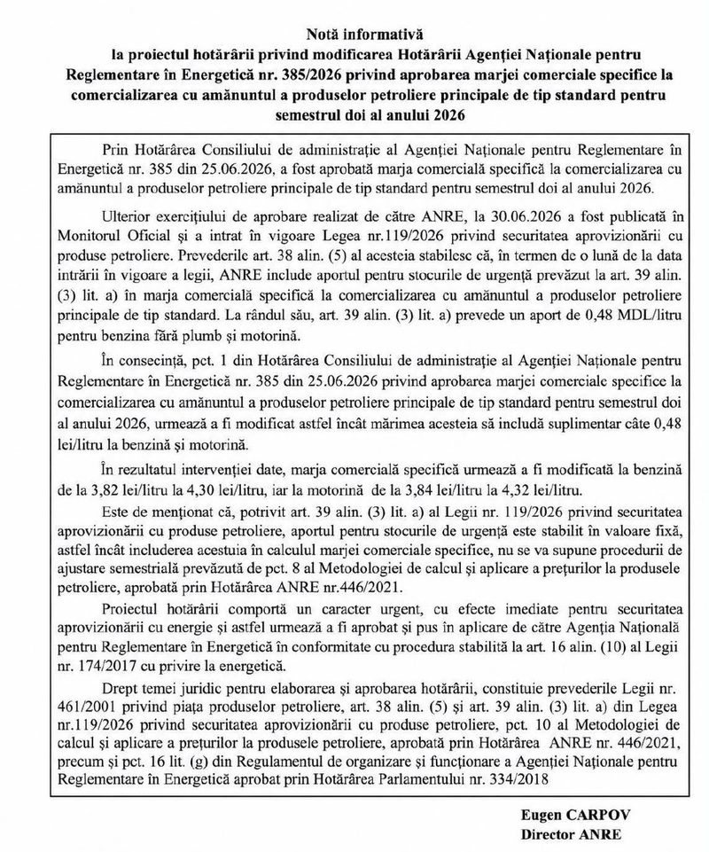ANRE propune majorarea cu 48 de bani/litru a carburanților din august, pentru constituirea stocurilor de urgență. Decizia va fi examinată pe 21 iulie