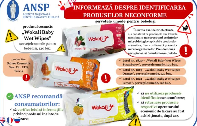 ANSP retrage trei loturi de șervețele umede Wokali Baby contaminate cu bacterii Pseudomonas. Produsele depășesc limita de microorganisme, reprezentând risc pentru sugari