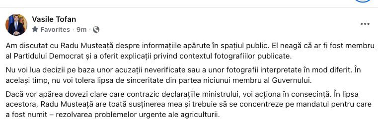 Prim-ministrul Vasile Tofan a oferit o declarație oficială cu privire la controversa care îl vizează pe ministrul Agriculturii, Radu Musteață. Șeful Executivului a subliniat că nu va lua decizii pe baza unor acuzații neverificate sau a unor fotografii care pot fi interpretate diferit