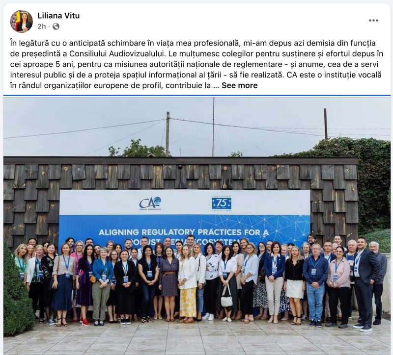 Liliana Vițu și-a anunțat demisia din funcția de președintă a Consiliului Audiovizualului. Aceasta a menționat că decizia vine în legătură cu o anticipată schimbare în viața profesională