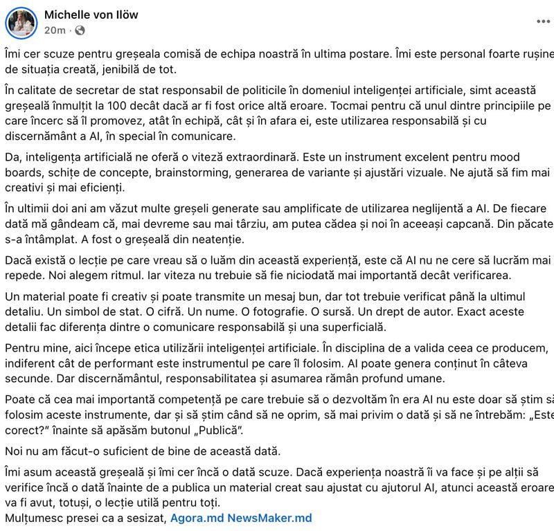 Secretarul de stat responsabil pe digitalizare, Michelle von Iliev, și-a cerut scuze public pentru o greșeală comisă de echipa sa într-o postare recentă, realizată cu ajutorul AI. Ea a numit situația „jenantă de tot" și a spus că o resimte cu atât mai puternic cu cât promovează utilizarea responsabilă a inteligenței artificiale în comunicare