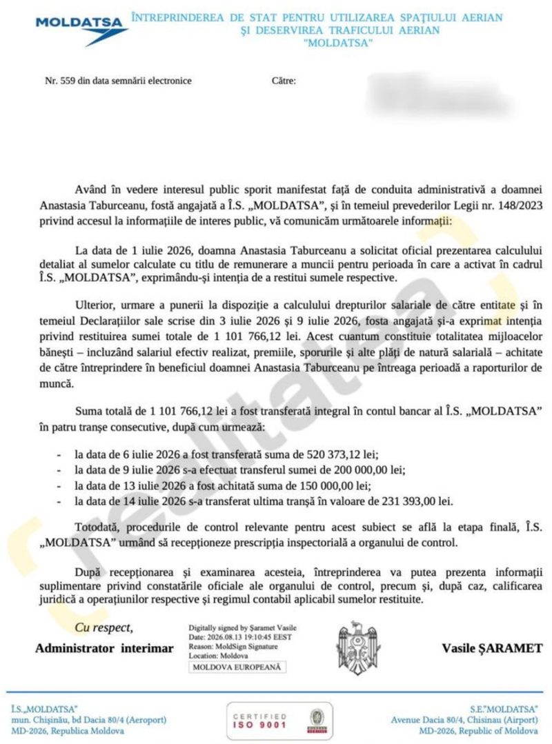 Anastasia Taburceanu a restituit integral suma de 1.101.766,12 lei primită de la întreprinderea de stat Moldatsa, banii fiind transferați în patru tranșe între 1 și 14 iulie. Suma include salariul efectiv, premiile, sporurile și alte plăți de natură salarială primite pe întreaga perioadă a raporturilor de muncă. La începutul lunii iulie, Taburceanu a solicitat oficial un calcul detaliat al sumelor achitate și și-a exprimat intenția de a restitui banii