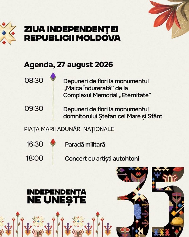 Guvernul Republicii Moldova a anunțat programul oficial al evenimentelor dedicate Zilei Independenței. Manifestările vor începe la ora 08:30 cu depuneri de flori la monumentul Maica Îndurerată din Complexul Memorial Eternitate, urmate la 09:30 de depuneri la statuia domnitorului Ștefan cel Mare și Sfânt