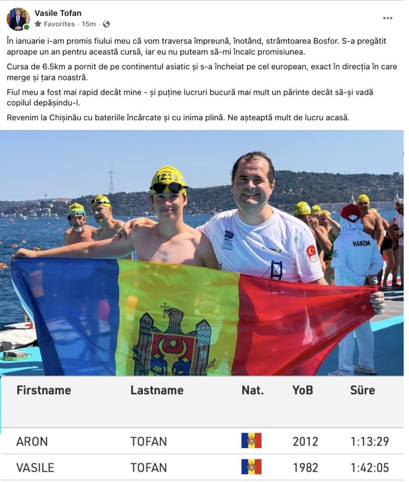 ‍♂️ Fiul l-a întrecut pe tata. Premierul Tofan a participat azi alături de fiul său de 14 ani în cadrul cursei de înot a strâmtorii Bosfor
