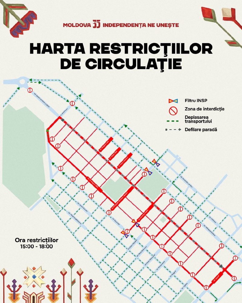 Restricții de circulație de Ziua Independenței: Circulația rutieră pe bulevardul Ștefan cel Mare și Sfânt din Chișinău, în zona Pieței Marii Adunări Naționale, va fi sistată joi în intervalul 15.00 - 18.00 din cauza manifestațiilor dedicate Zilei Independenței Republicii Moldova - în special pentru Parada Militară