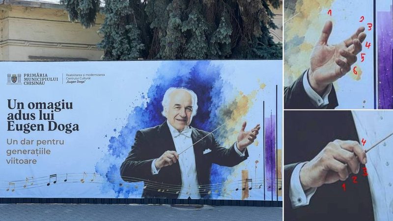 Cele 6 degete ale lui Doga. Primăria Chișinău a instalat un panou dedicat compozitorului Eugen Doga, pe care acesta apare cu șase degete la o mână și patru la cealaltă. Eroarea gravă a fost sesizată de caricaturistul Alex Buretz, care a sugerat că imaginea ar fi fost generată cu ajutorul inteligenței artificiale