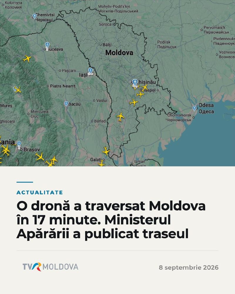 O dronă rusească a pus iar în pericol avioanele din Moldova. O dronă de tip Shahed a intrat în spațiul aerian al Republicii Moldova la ora 16:20, venind dinspre Ucraina prin sectorul transnistrean. Aparatul a traversat țara, trecând prin zona Bender, apoi spre Chișinău, fiind localizat în apropierea localității Bălănești, după care a ieșit spre România prin Zagarancea, raionul Ungheni, la ora 16:37