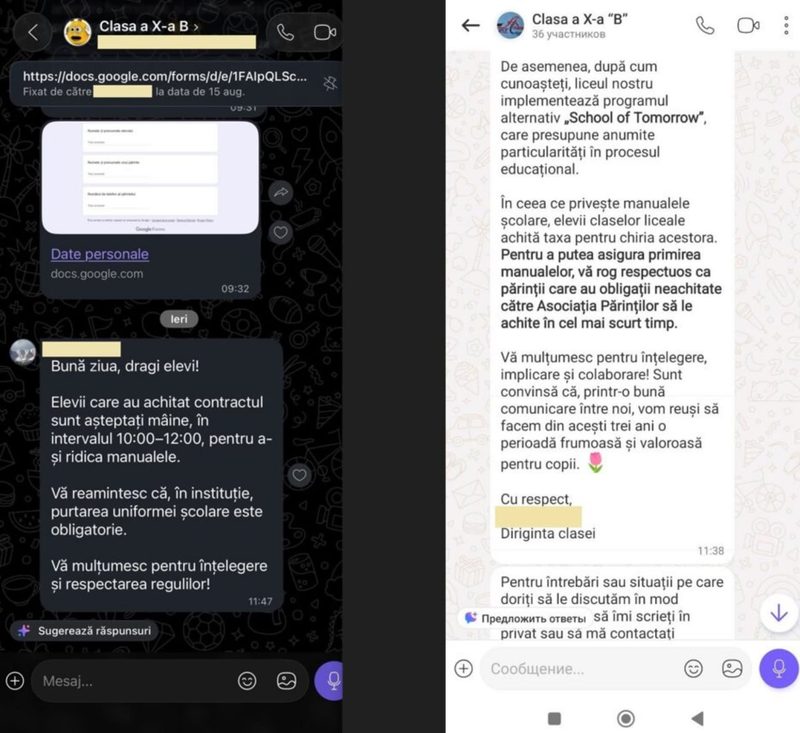 Liceul „Academia Copiilor" din Chișinău este acuzat de noi practici abuzive după ce Asociația „Părinți Solidari" a publicat mesaje în care părinților li s-ar fi cerut să achite câte 9.000 de lei pentru anul școlar 2026-2027. Potrivit organizației, diriginta unei clase a X-a ar fi condiționat distribuirea manualelor de achitarea datoriilor către asociația de părinți, transformând un drept gratuit garantat de stat într-o pârghie de șantaj financiar