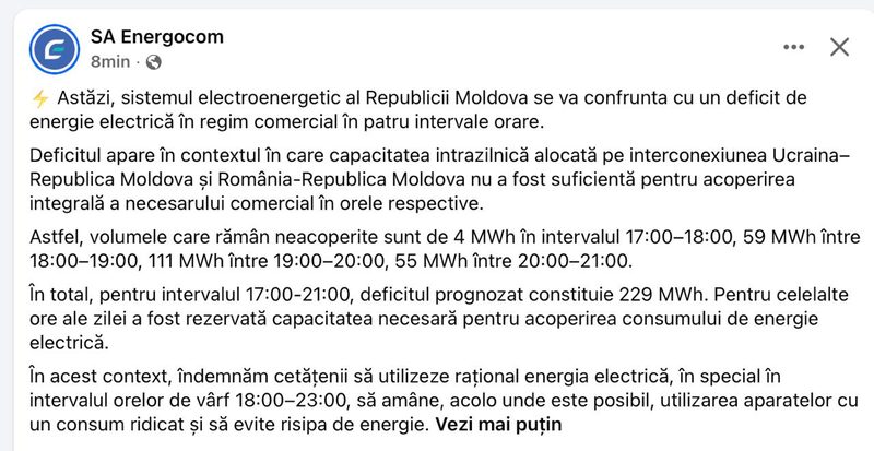 Republica Moldova se confruntă astăzi cu un deficit de energie electrică în patru intervale orare, între 17:00 și 21:00. Conform Energocom, problema apare deoarece capacitatea intrazilnică alocată pe interconexiunile cu Ucraina și România nu a fost suficientă pentru acoperirea necesarului comercial