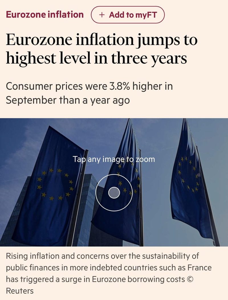 Financial Times: Timpuri economice dificile și în UE. Inflația în zona Euro a sărit la cel mai înalt nivel din ultimii 3 ani - cu 3.8% mai mare decât în septembrie 2025