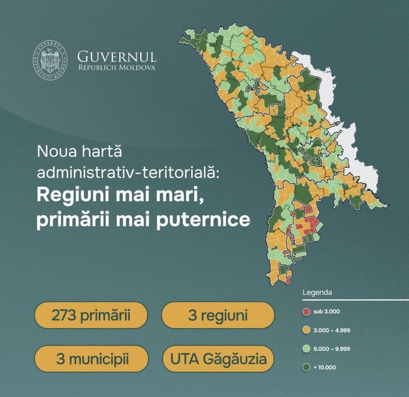 Guvernul Republicii Moldova a propus o nouă hartă administrativă care reduce numărul de primării la 273, față de structura actuală. Reforma vizează descentralizarea administrației publice locale și eficientizarea acesteia