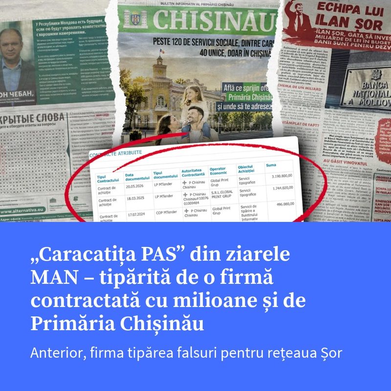 Compania Global Print Grup, care a tipărit 150.000 de ziare și pliante pentru Partidul MAN al primarului Ceban, a semnat contracte de milioane de lei cu Primăria Chișinău. Materialele distribuite conțin acuzații nefondate împotriva mai multor instituții media și ONG-uri, prezentate ca o "caracatiță PAS". Firma a fost selectată chiar dacă a oferit prețuri mai mari decât concurenții sau decât plafonul stabilit
